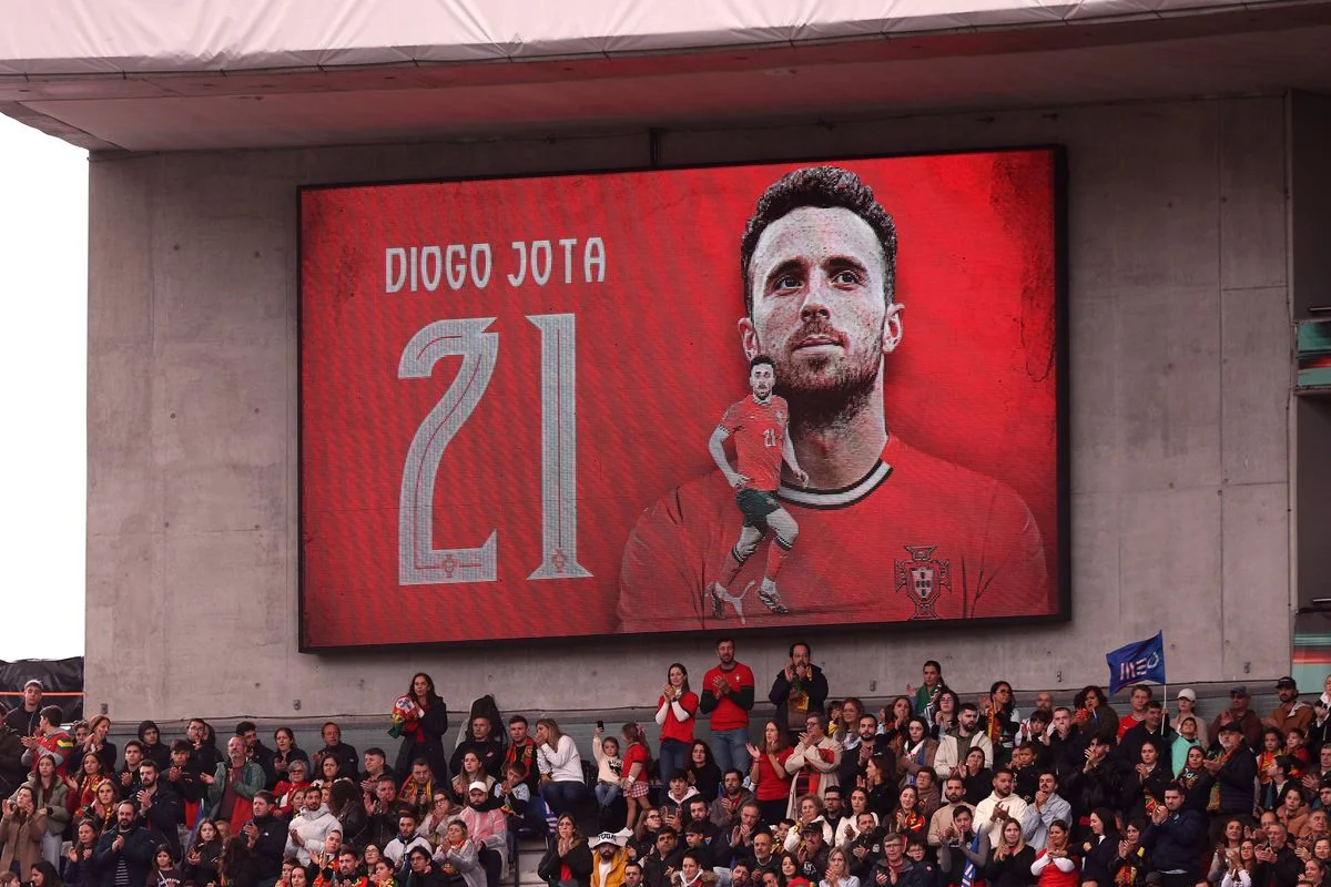 A memorial for Diogo Jota is seen on a screen in the stands during the FIFA World Cup 2026 qualifier match between Portugal and Armenia at Estadio do Dragao