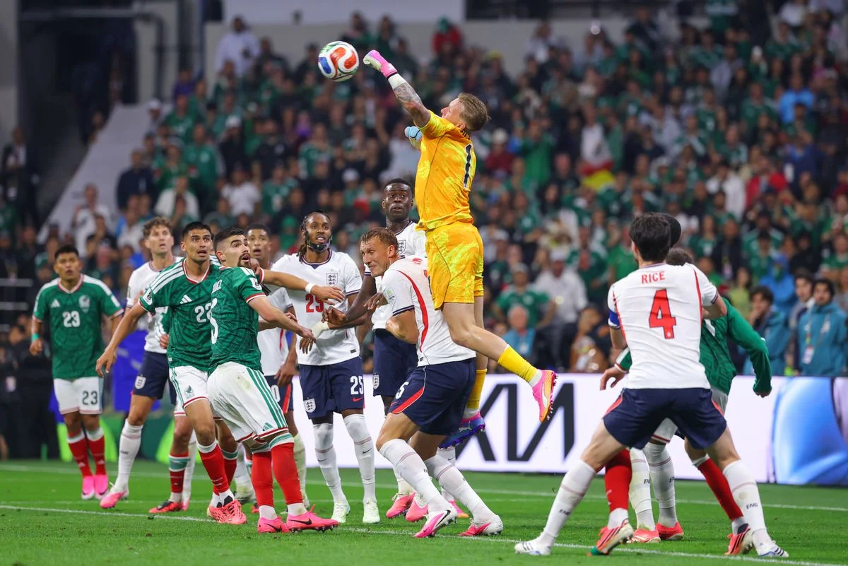 Jordan Pickford in action for England against Mexico