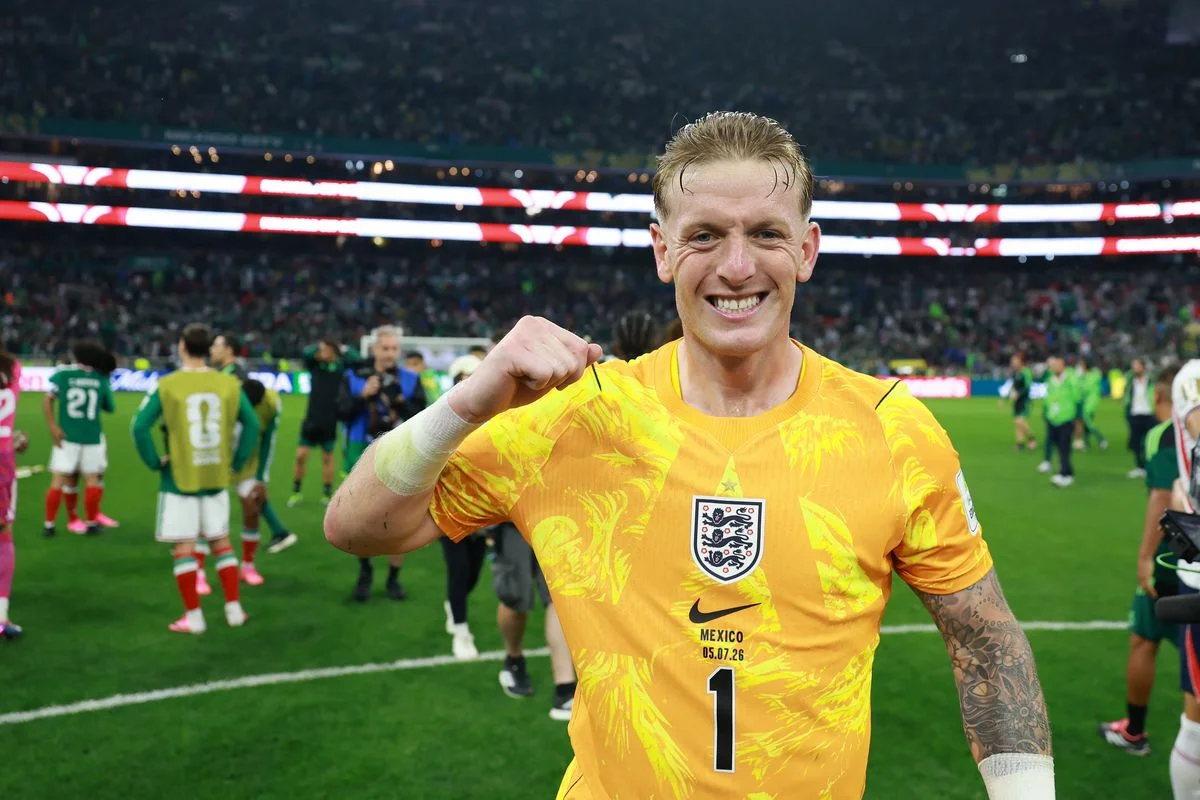 Jordan Pickford celebrates after England's win over Mexico