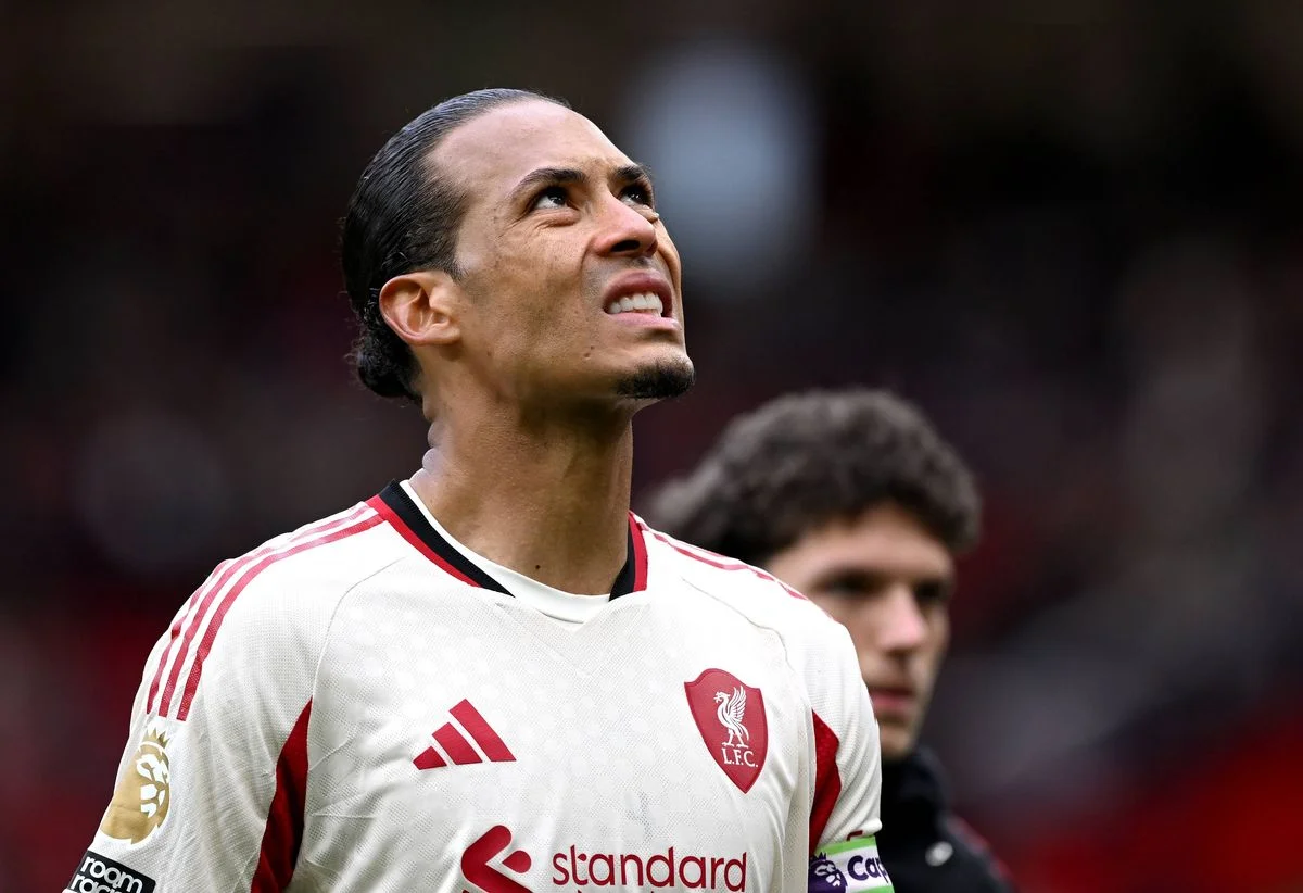 MANCHESTER, ENGLAND - MAY 03: Virgil van Dijk of Liverpool looks dejected following the Premier League match between Manchester United and Liverpool at Old Trafford on May 03, 2026 in Manchester, England. (Photo by Shaun Botterill/Getty Images)